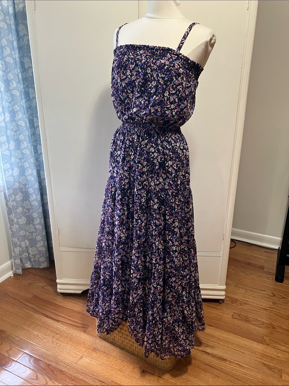 Evereve Purple Multicolor Floral Tiered Smocked Maxi Dress Boho Romantic Size S
